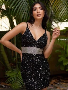 Primavera Couture Black Sequin Mini Dress with Silver Waistband